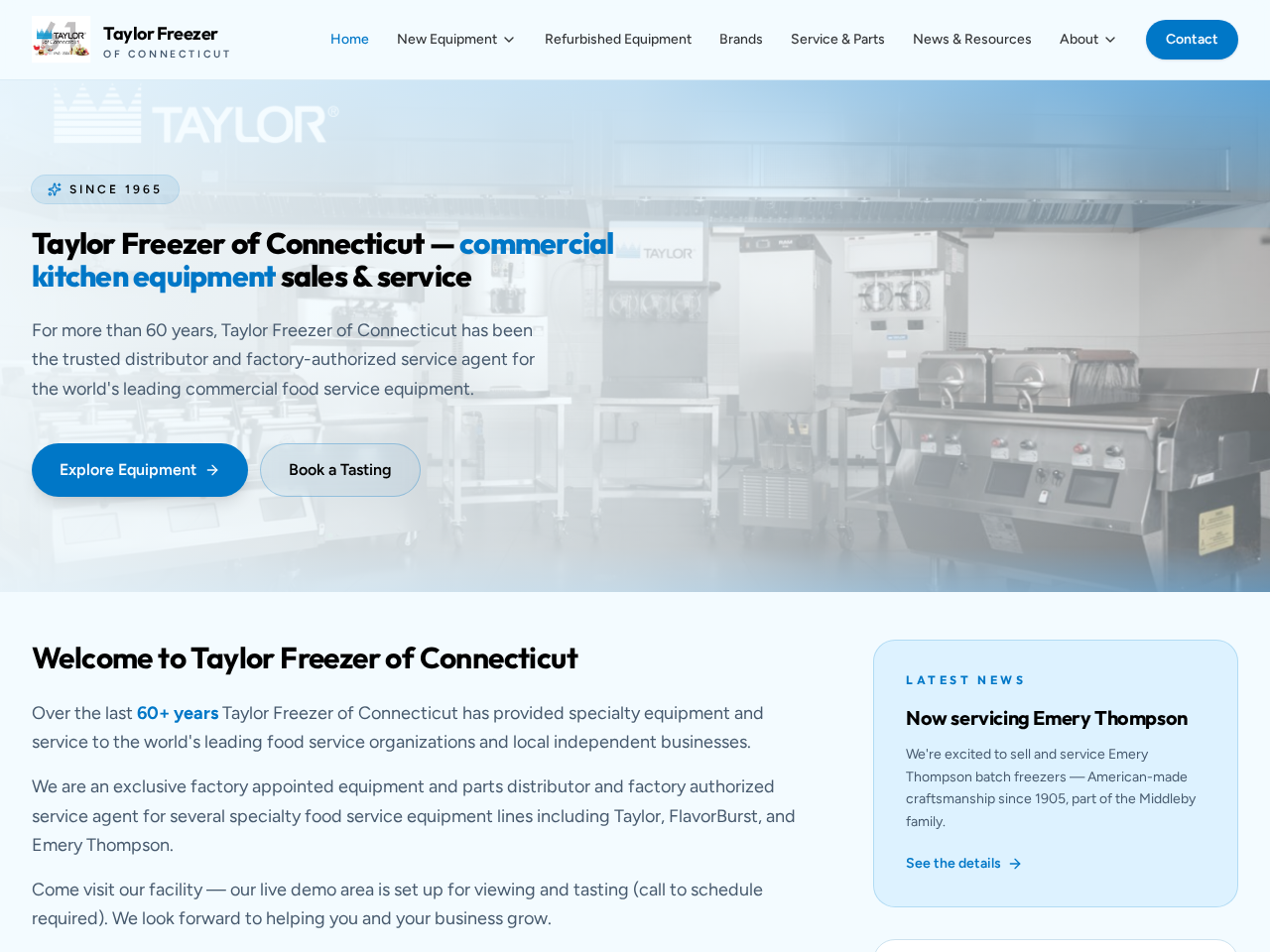 Homepage of Taylor Freezer of Connecticut, a commercial food service equipment dealer